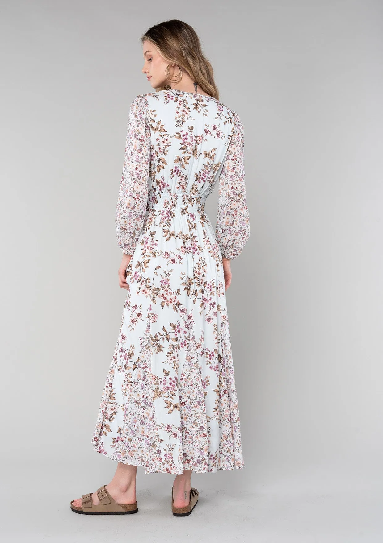 Floral Long Sleeve Smocked Split Neck Maxi Dress