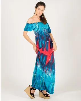 Floral print Off Shoulder maxi dress (Blue)