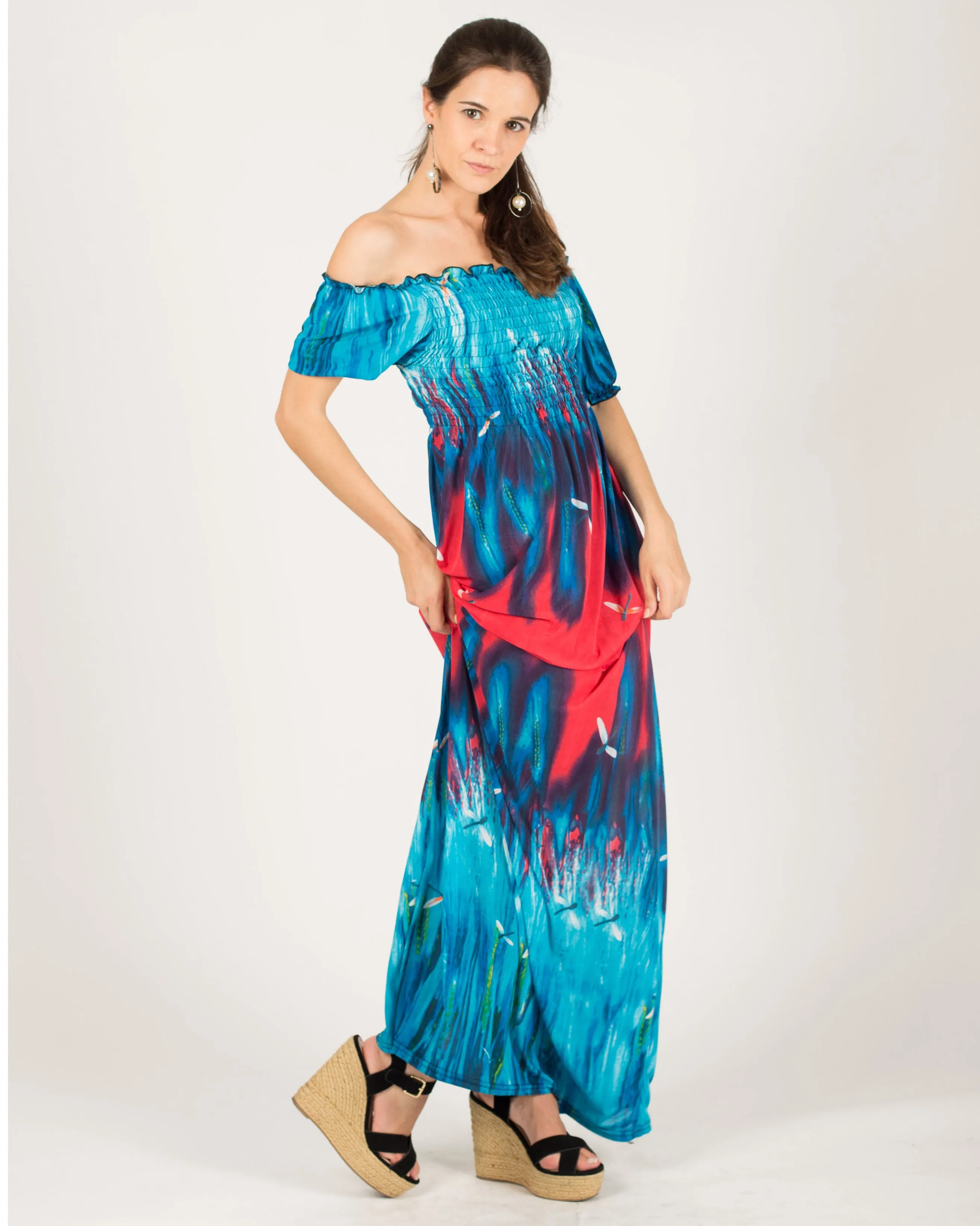 Floral print Off Shoulder maxi dress (Blue)