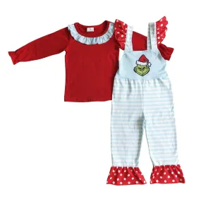 girl christmas clothing 2pcs red shirt with ruffle overall