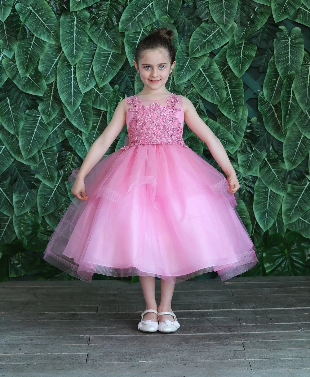 Girls Embroidered Tea Length Tulle Dress by Calla D792