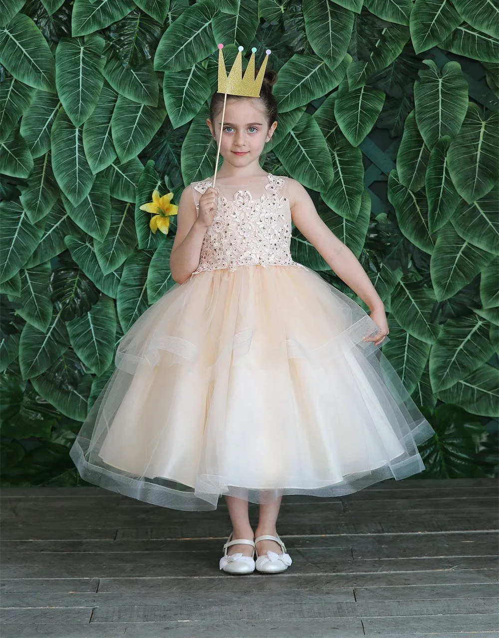 Girls Embroidered Tea Length Tulle Dress by Calla D792