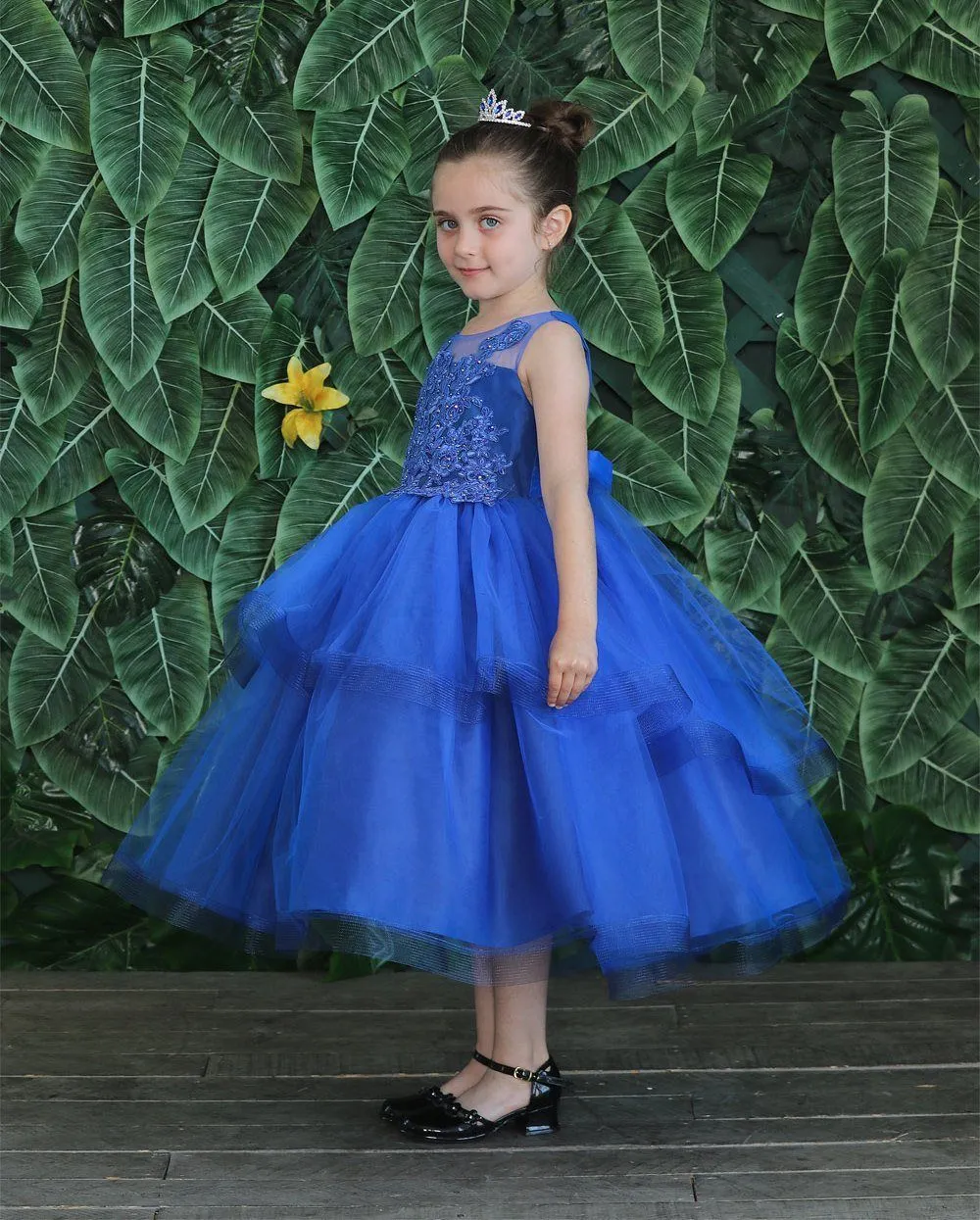 Girls Embroidered Tea Length Tulle Dress by Calla D792