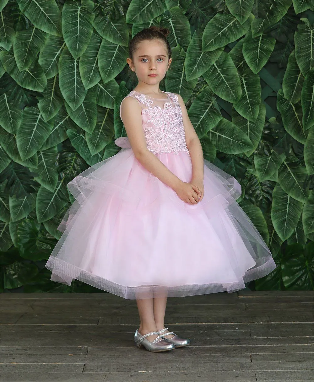 Girls Embroidered Tea Length Tulle Dress by Calla D792