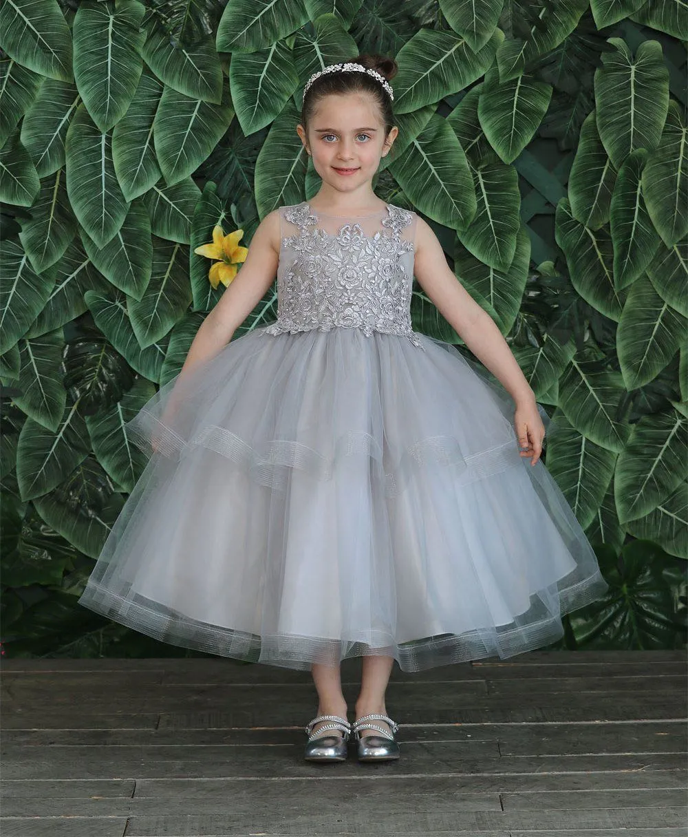 Girls Embroidered Tea Length Tulle Dress by Calla D792
