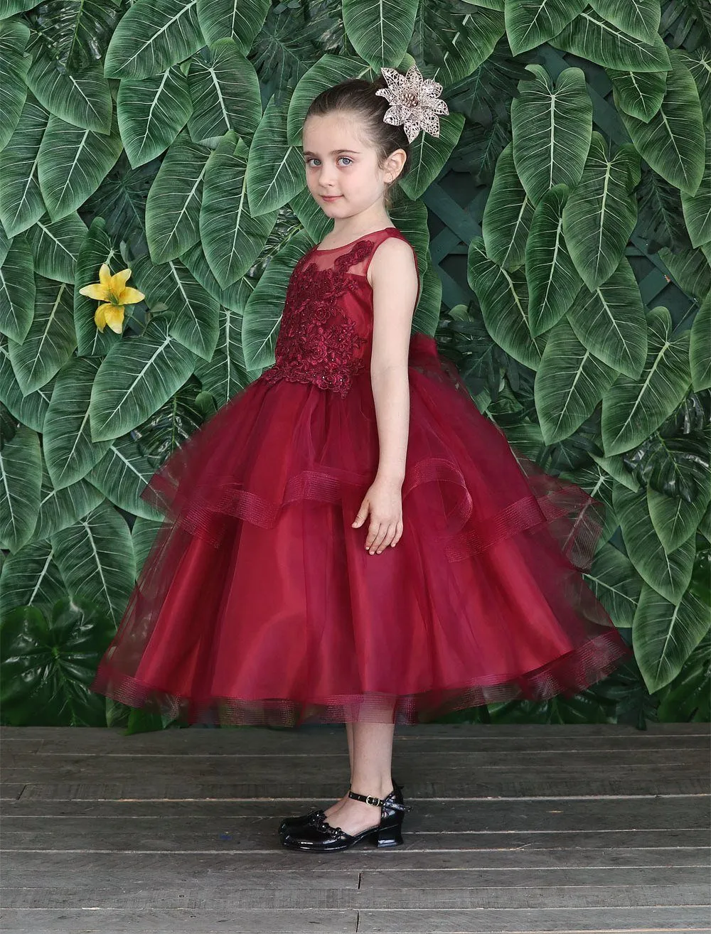 Girls Embroidered Tea Length Tulle Dress by Calla D792