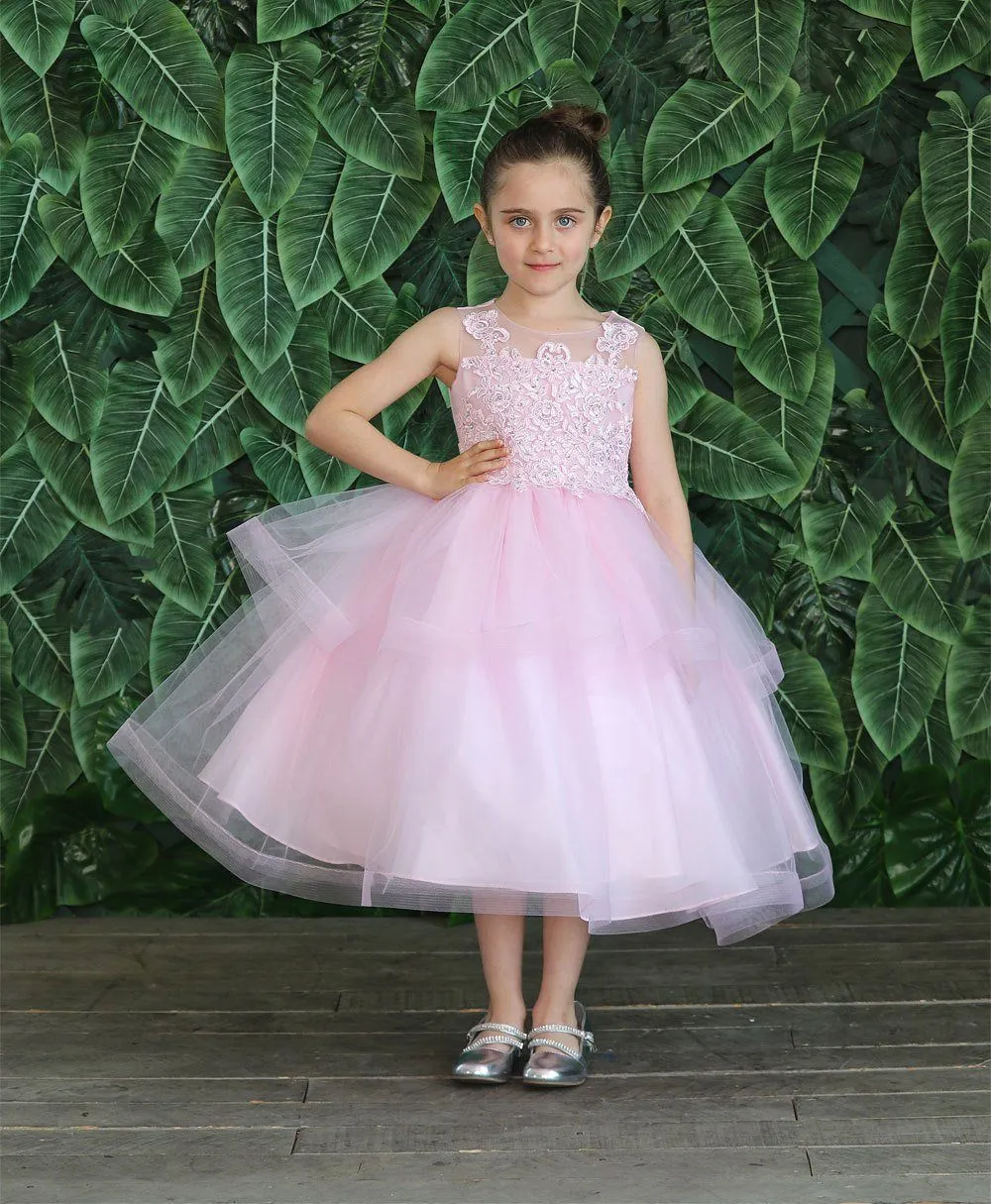 Girls Embroidered Tea Length Tulle Dress by Calla D792