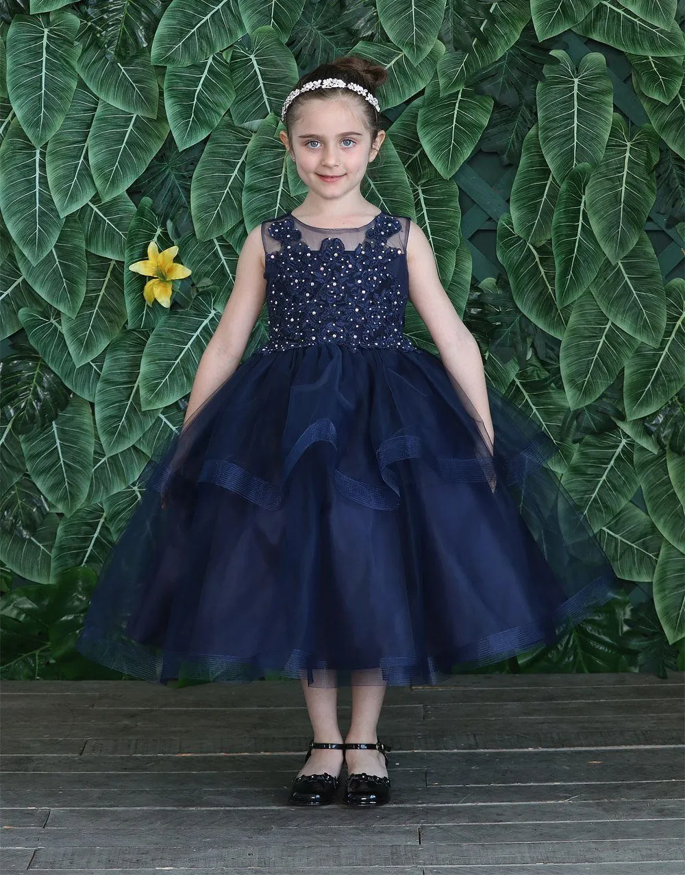 Girls Embroidered Tea Length Tulle Dress by Calla D792