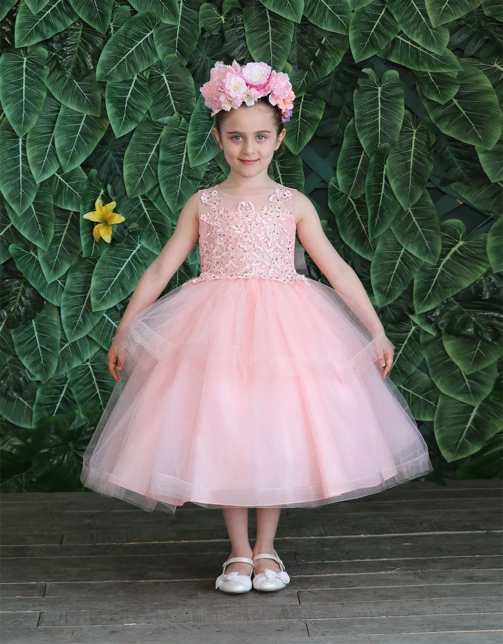 Girls Embroidered Tea Length Tulle Dress by Calla D792