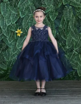 Girls Embroidered Tea Length Tulle Dress by Calla D792