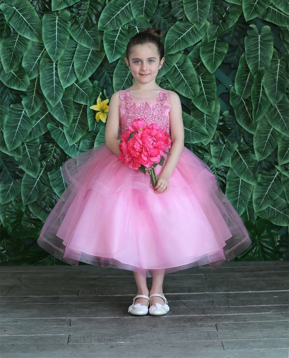 Girls Embroidered Tea Length Tulle Dress by Calla D792