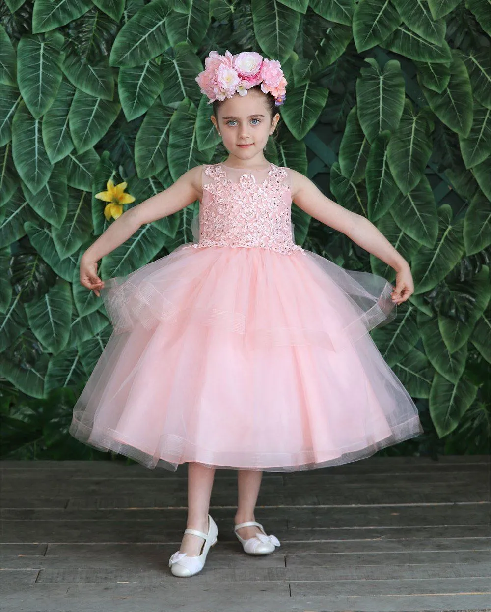 Girls Embroidered Tea Length Tulle Dress by Calla D792