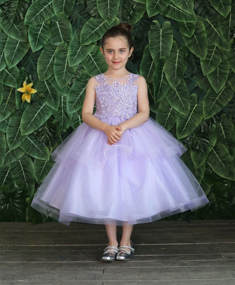 Girls Embroidered Tea Length Tulle Dress by Calla D792