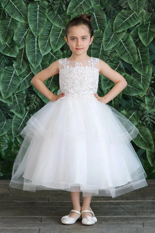 Girls Embroidered Tea Length Tulle Dress by Calla D792