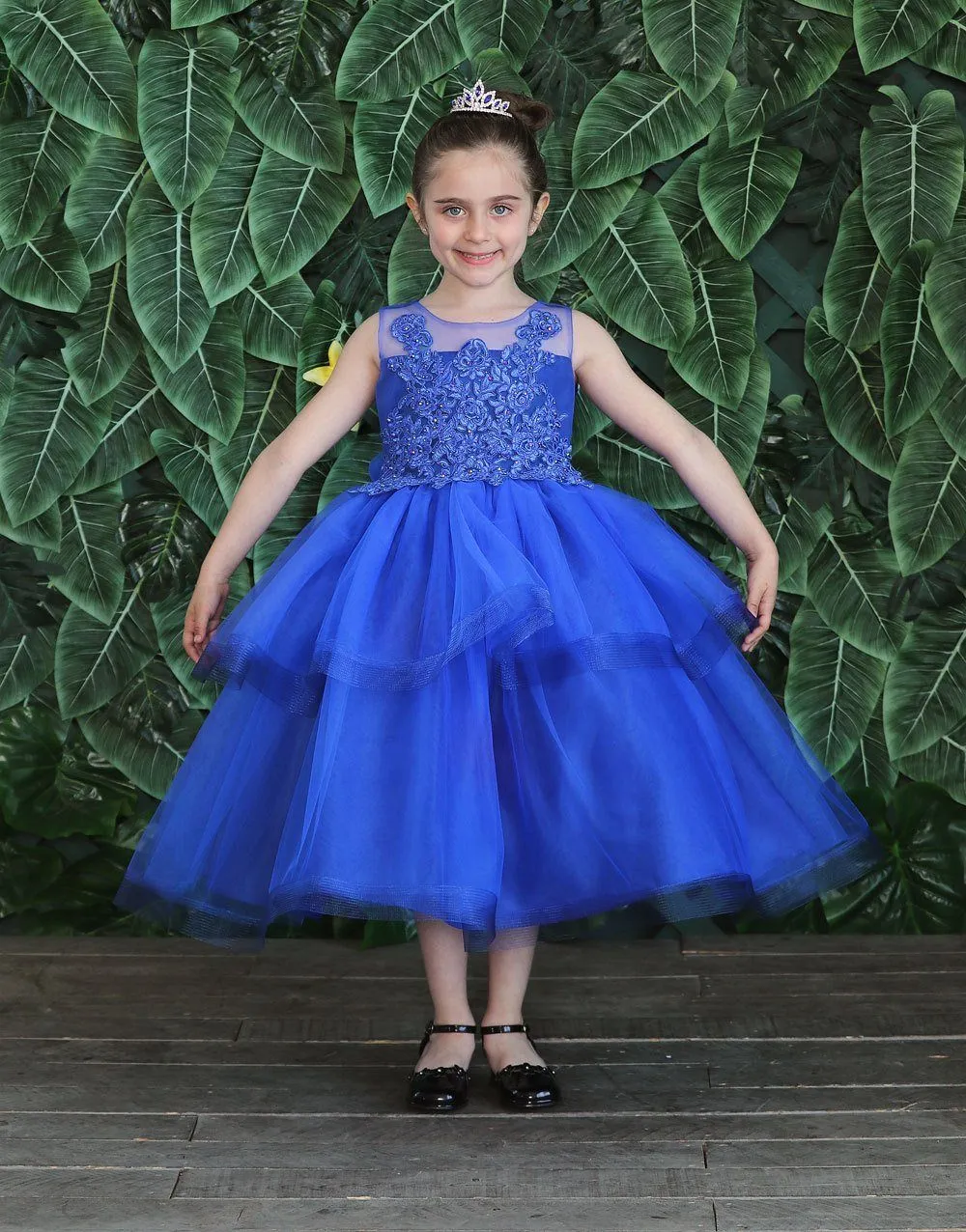 Girls Embroidered Tea Length Tulle Dress by Calla D792
