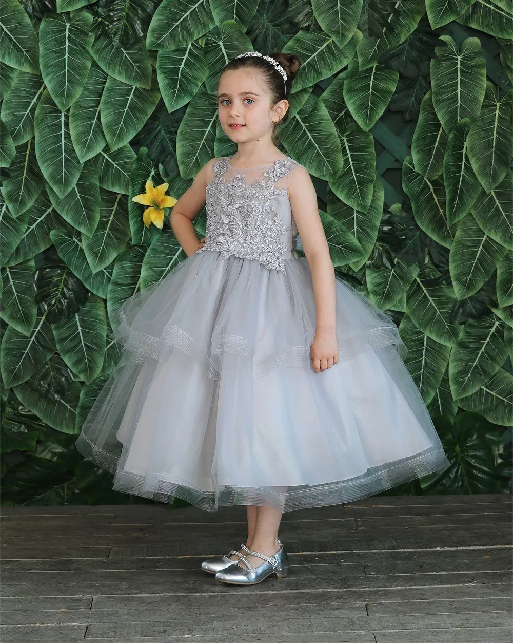 Girls Embroidered Tea Length Tulle Dress by Calla D792