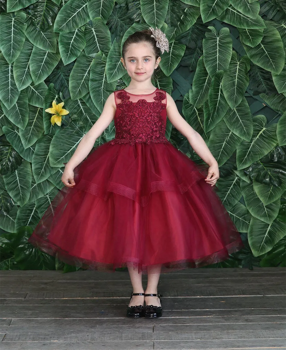 Girls Embroidered Tea Length Tulle Dress by Calla D792