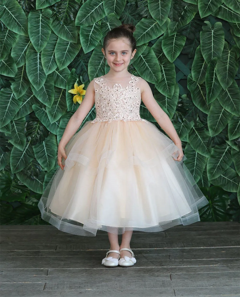 Girls Embroidered Tea Length Tulle Dress by Calla D792