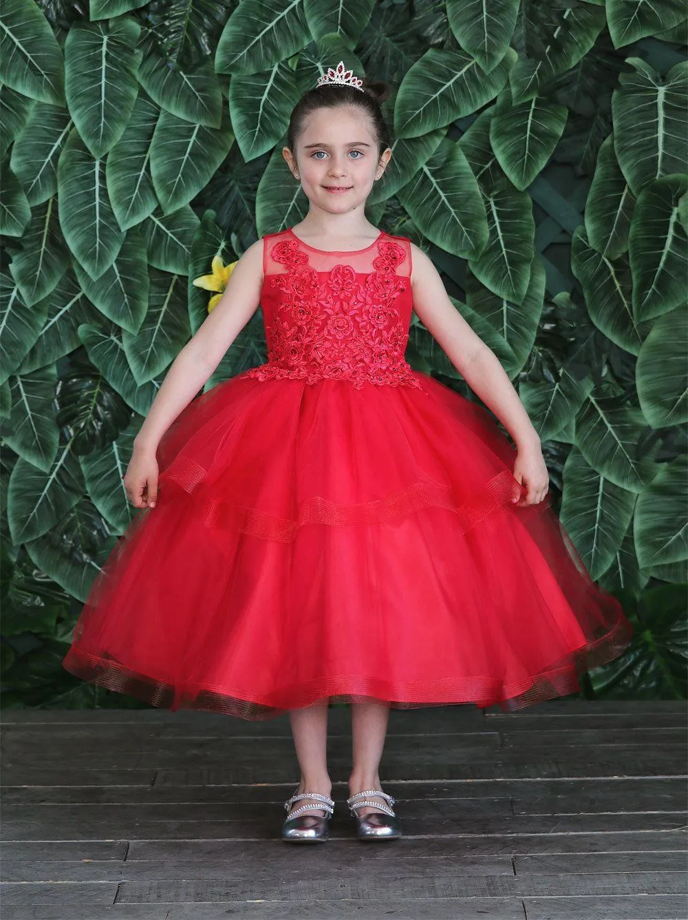 Girls Embroidered Tea Length Tulle Dress by Calla D792