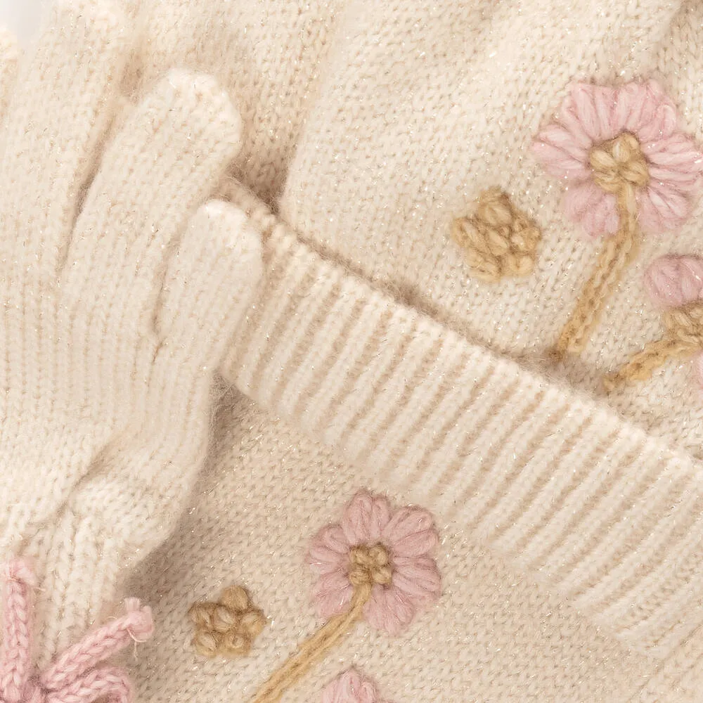 Girls Ivory Knitted Flower Hat Set