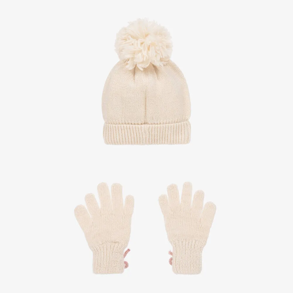 Girls Ivory Knitted Flower Hat Set
