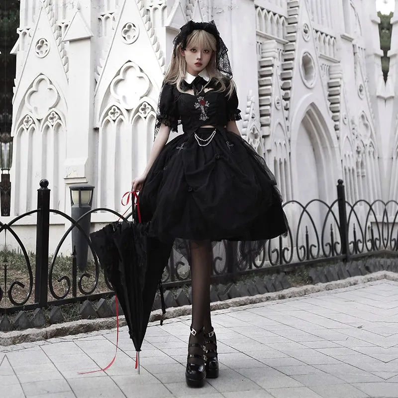 Gothic Lolita Skirt Set Embroidered Top Irregular Skirt Set