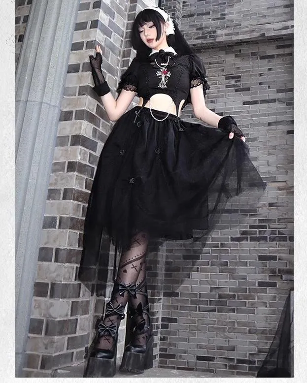 Gothic Lolita Skirt Set Embroidered Top Irregular Skirt Set