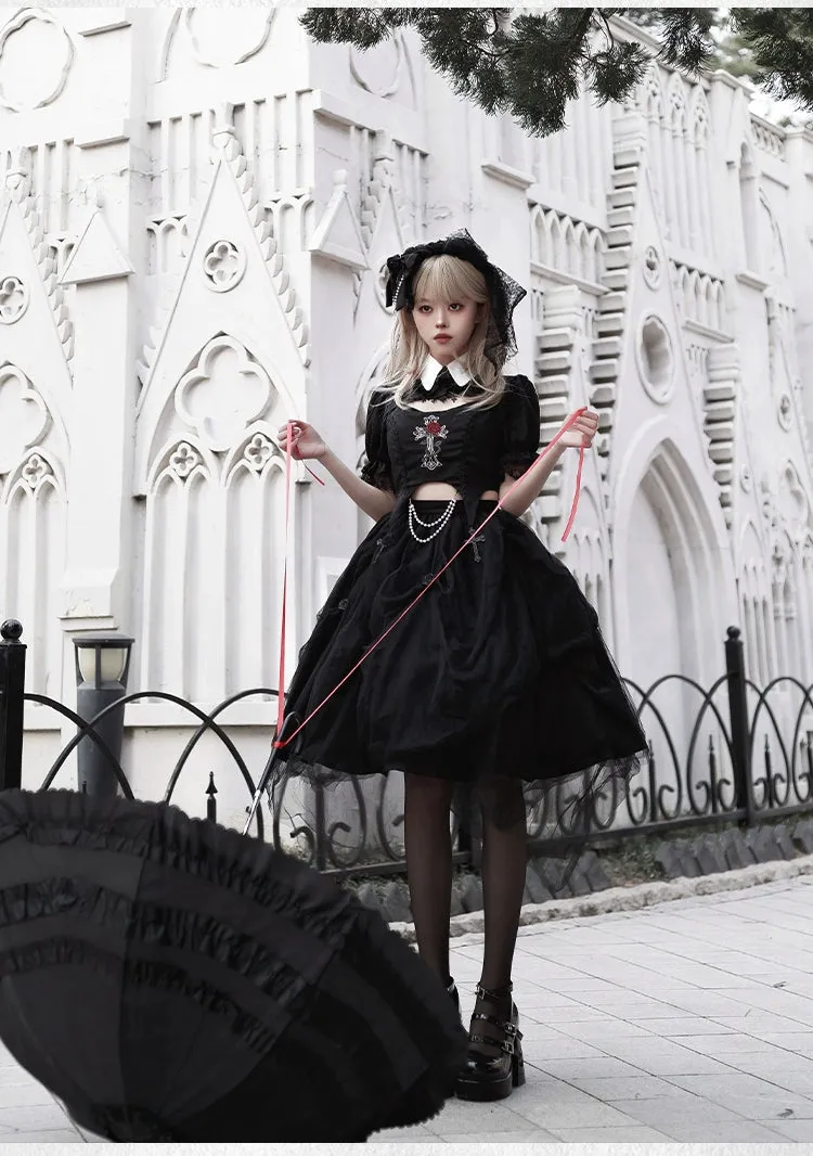 Gothic Lolita Skirt Set Embroidered Top Irregular Skirt Set