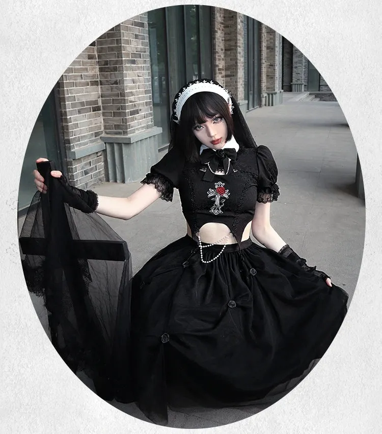 Gothic Lolita Skirt Set Embroidered Top Irregular Skirt Set