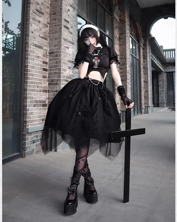 Gothic Lolita Skirt Set Embroidered Top Irregular Skirt Set