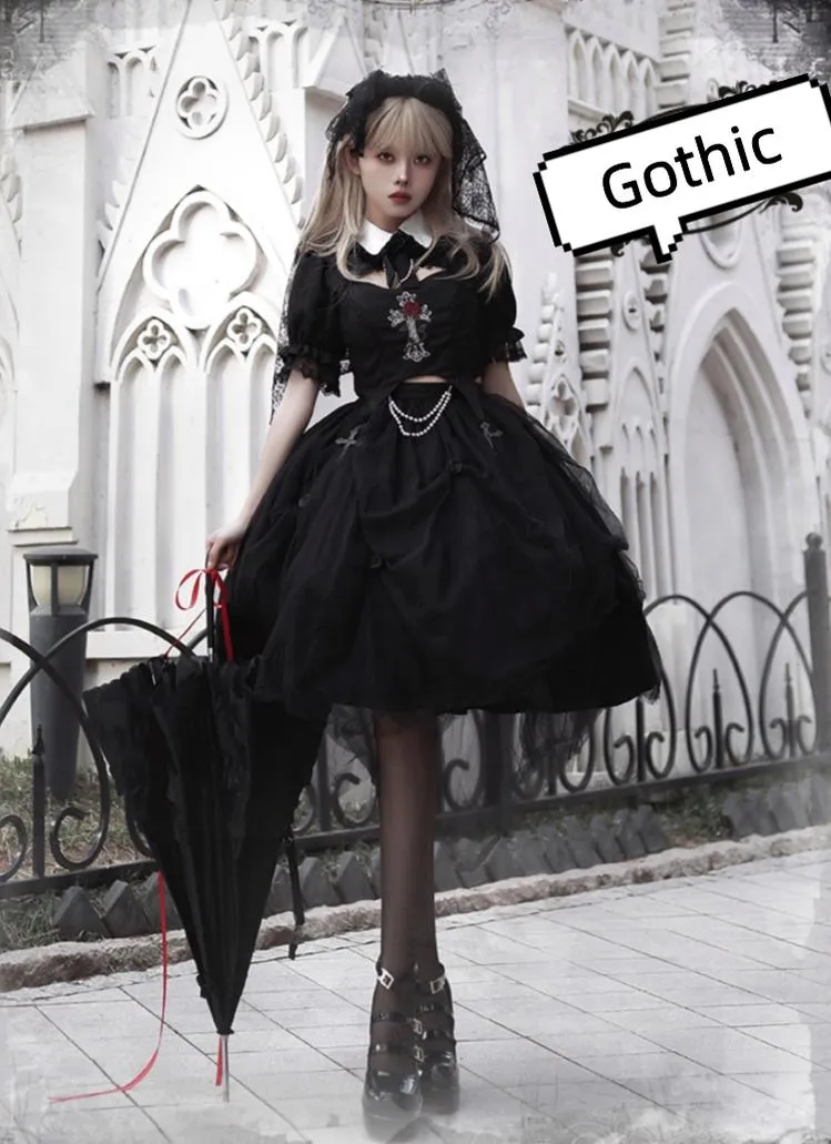 Gothic Lolita Skirt Set Embroidered Top Irregular Skirt Set