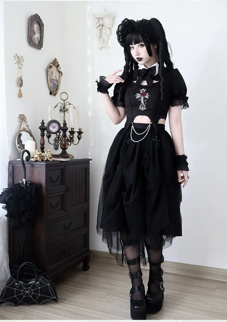 Gothic Lolita Skirt Set Embroidered Top Irregular Skirt Set