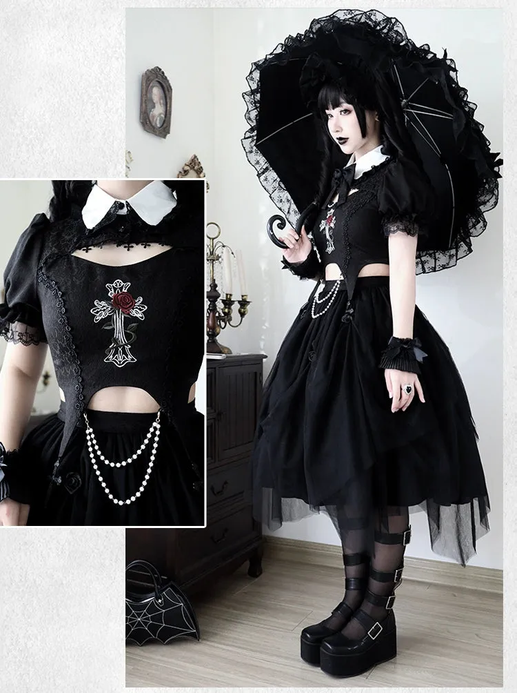 Gothic Lolita Skirt Set Embroidered Top Irregular Skirt Set