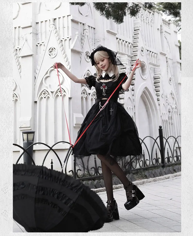 Gothic Lolita Skirt Set Embroidered Top Irregular Skirt Set