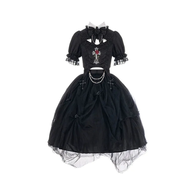 Gothic Lolita Skirt Set Embroidered Top Irregular Skirt Set