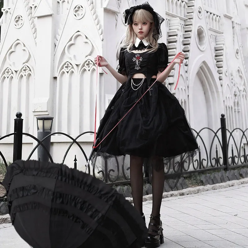 Gothic Lolita Skirt Set Embroidered Top Irregular Skirt Set