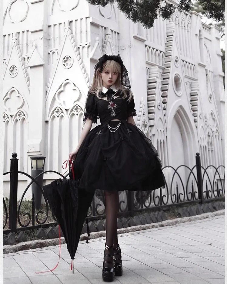 Gothic Lolita Skirt Set Embroidered Top Irregular Skirt Set