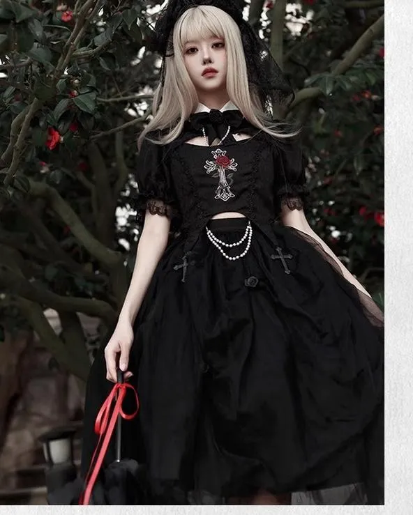 Gothic Lolita Skirt Set Embroidered Top Irregular Skirt Set