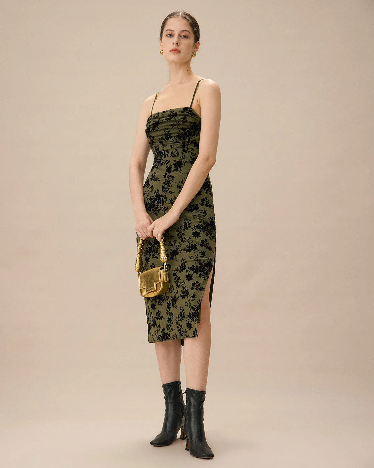 Green Jacquard Ruched Slit Midi Dress