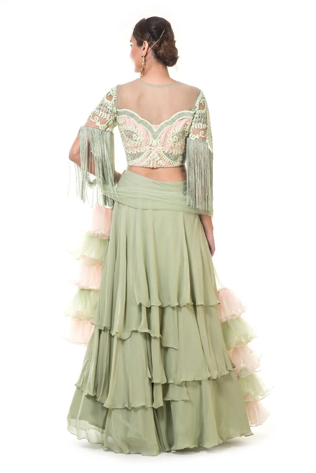 Green Layered Skirt with Heavy Hand Embroidered Blouse with Fringes and Ruffle Net Dupatta