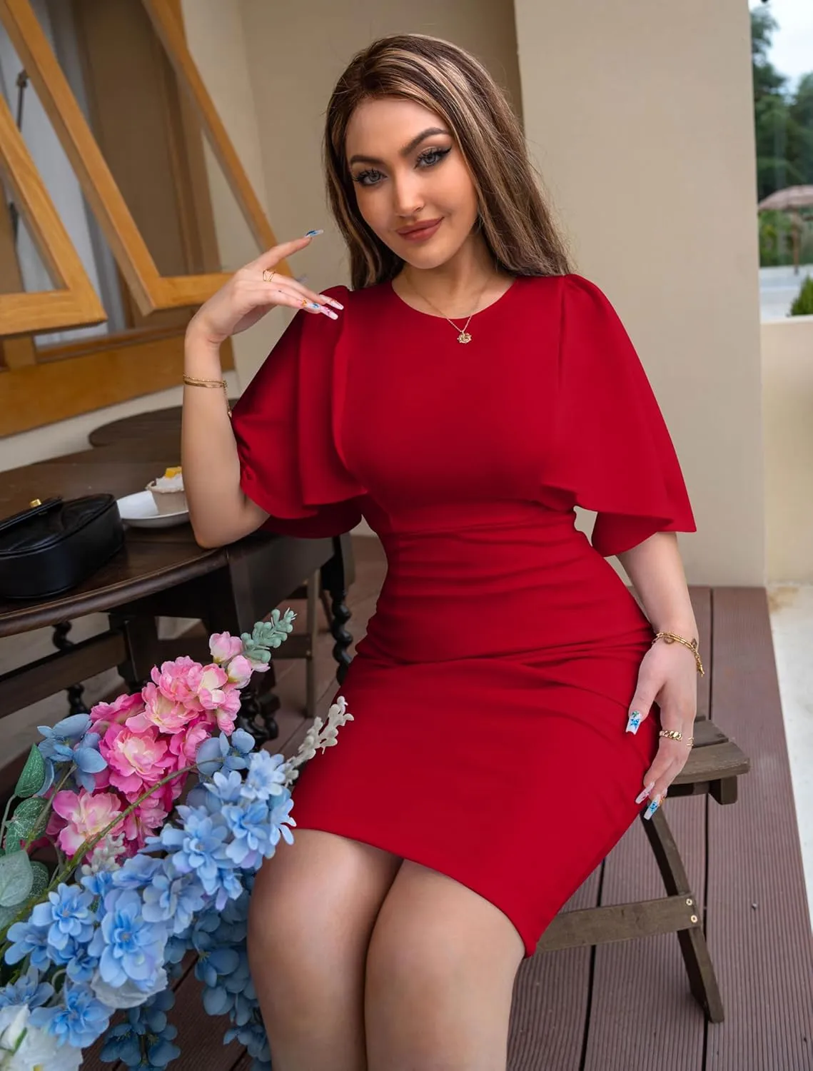 Hallie Women's Ruffle Flared Sleeve Bodycon Pencil Formal Cocktail Midi Dress