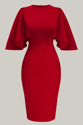 Hallie Women's Ruffle Flared Sleeve Bodycon Pencil Formal Cocktail Midi Dress