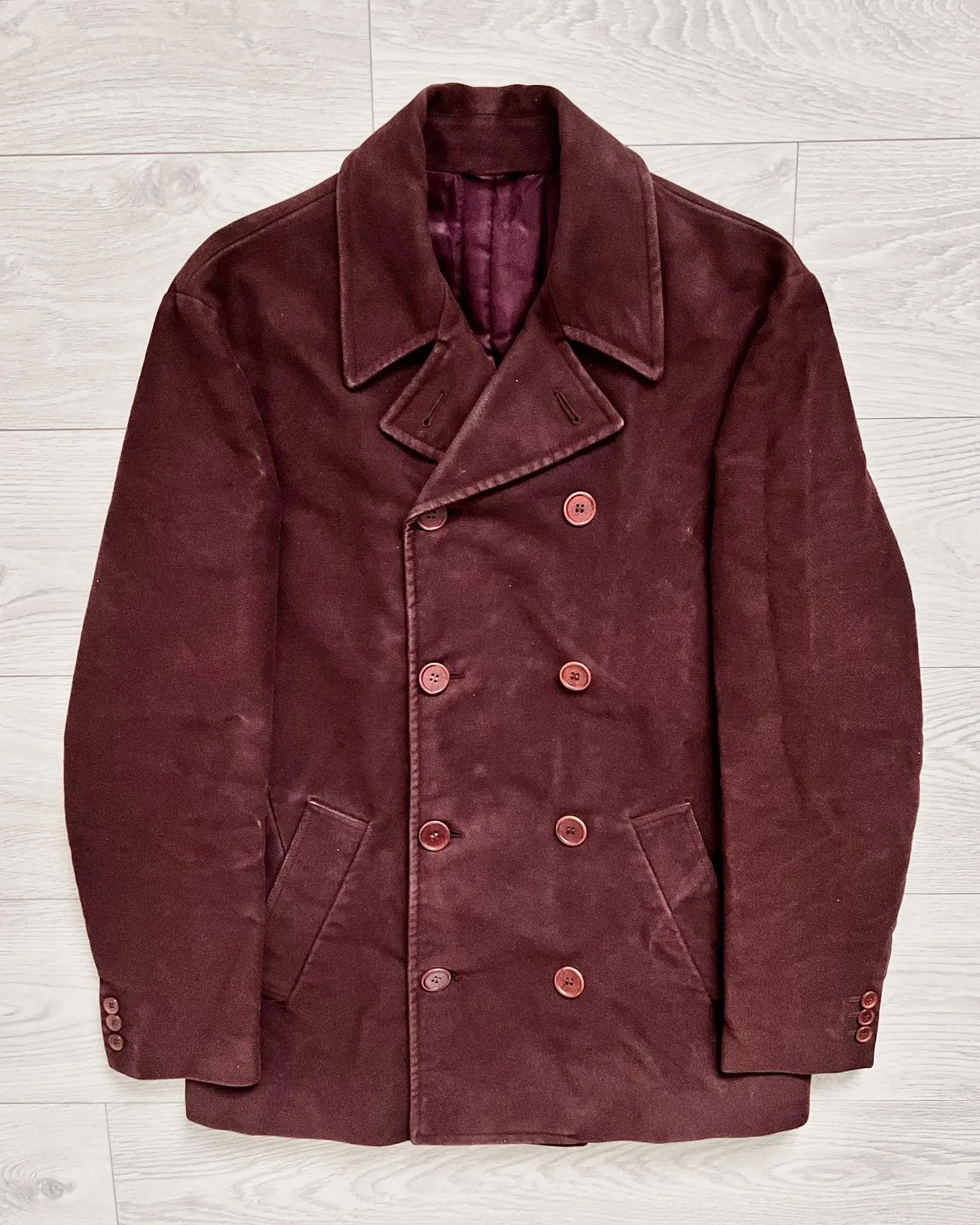Helmut Lang 1990s Moleskin Insulated Burgundy Peacoat - Size Medium