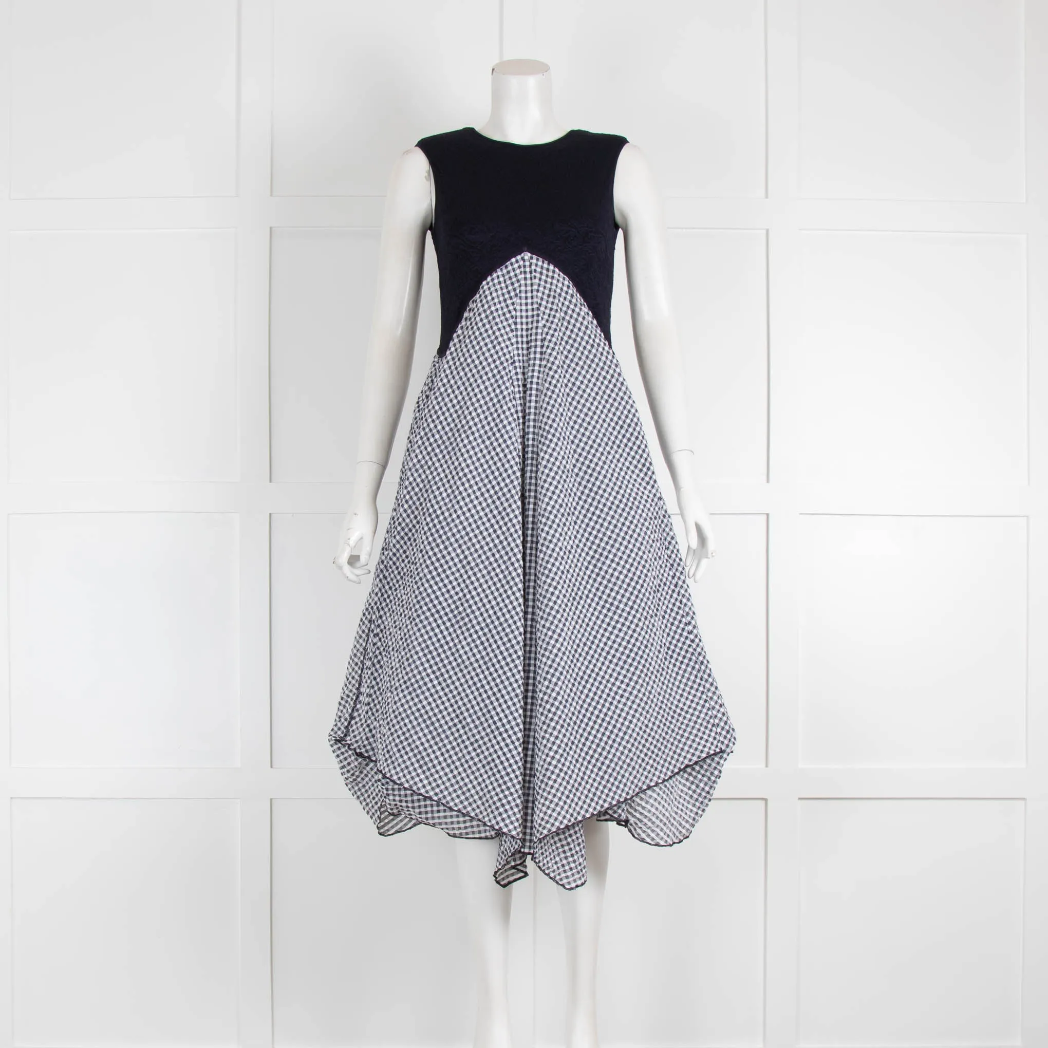 High Tech Navy Blue White Check Textured Fabric Sleeveless Dress
