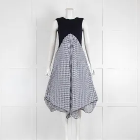 High Tech Navy Blue White Check Textured Fabric Sleeveless Dress