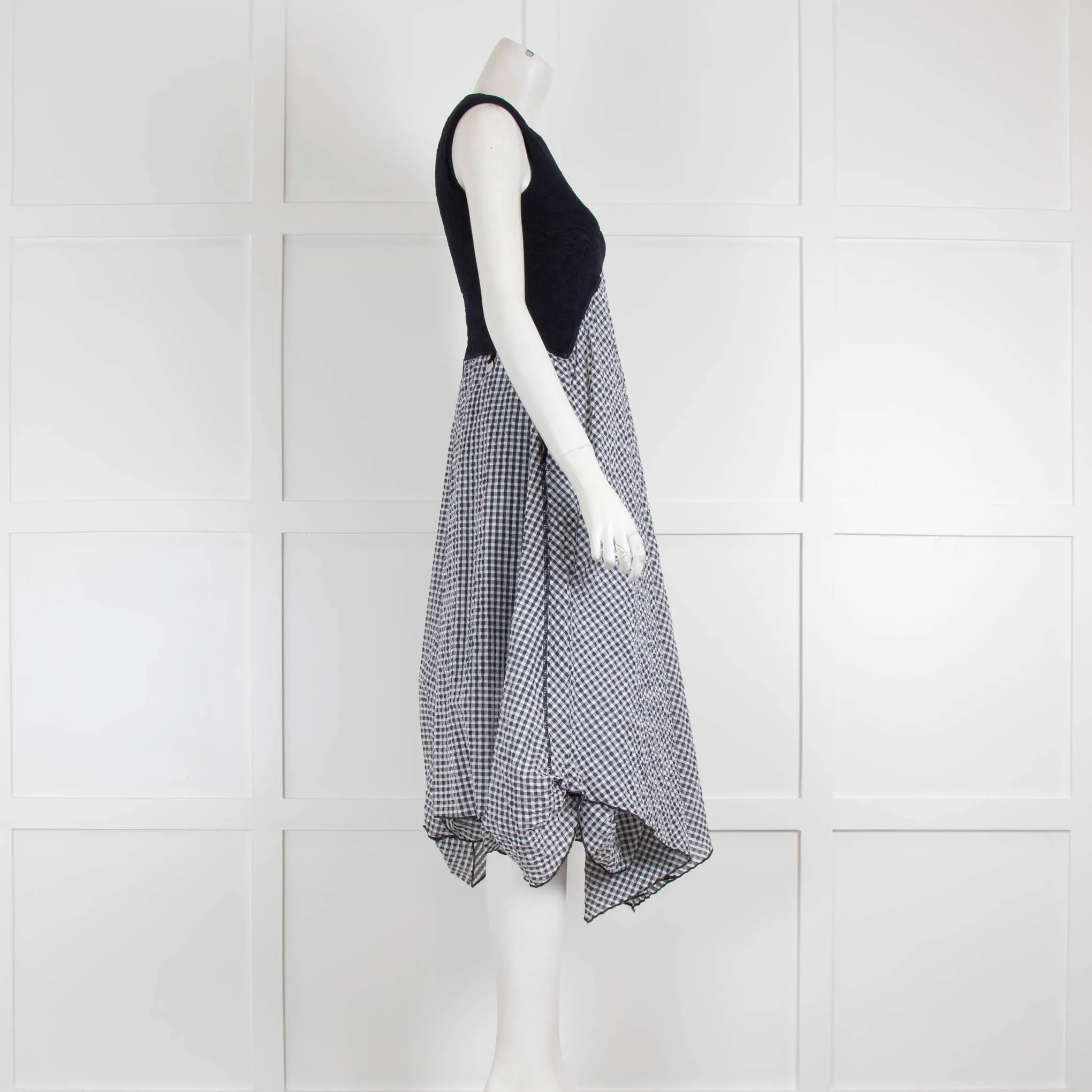 High Tech Navy Blue White Check Textured Fabric Sleeveless Dress