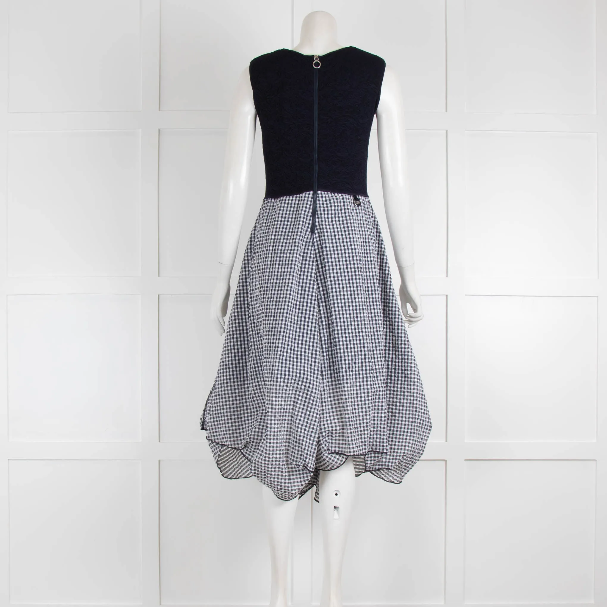 High Tech Navy Blue White Check Textured Fabric Sleeveless Dress