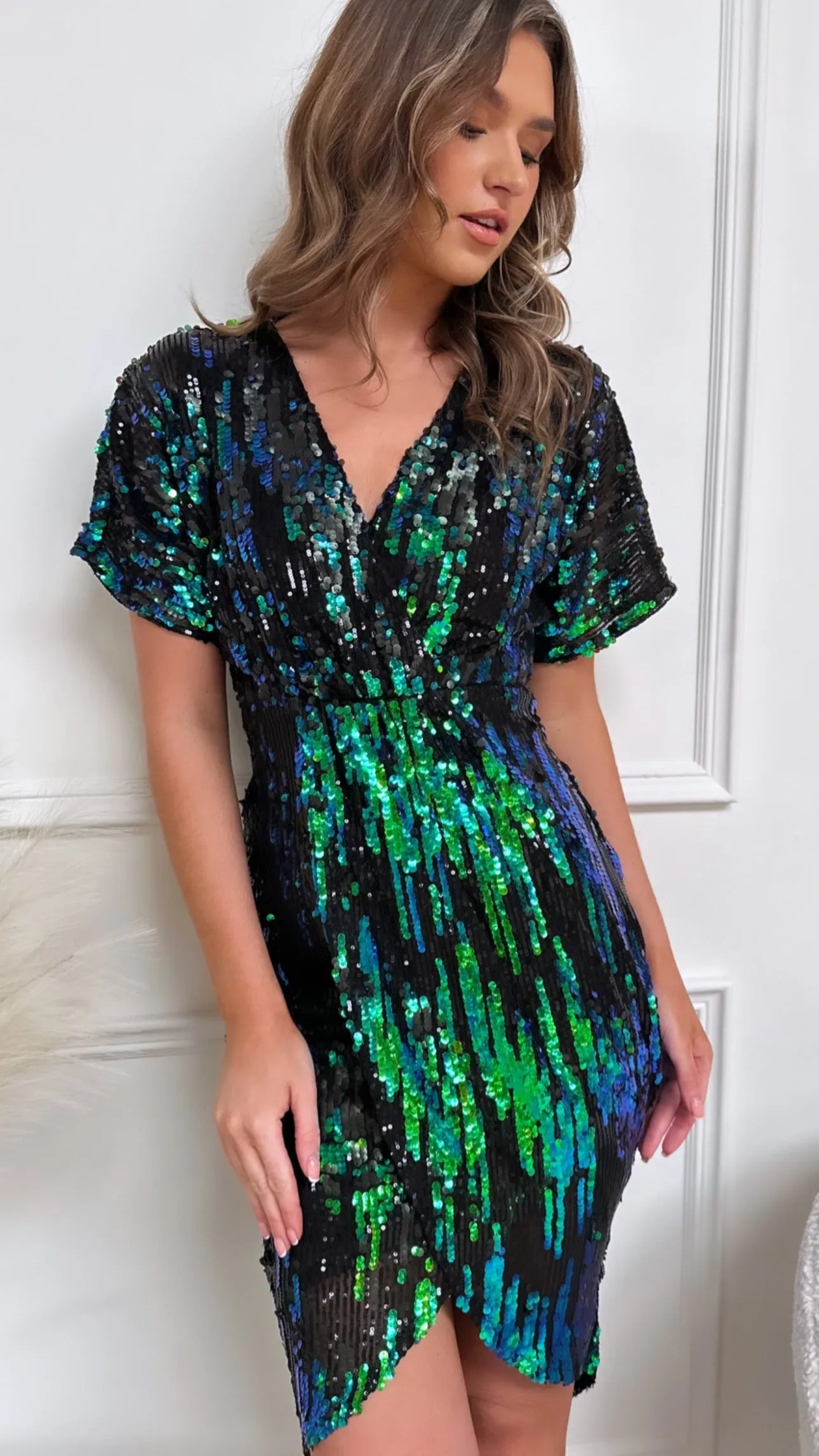 Kaisley Black Sequin Wrap Midi Dress