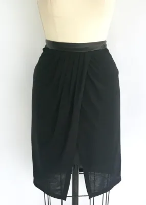 KENAR draped skirt w/ small pleats and front slit and leather waist band, M