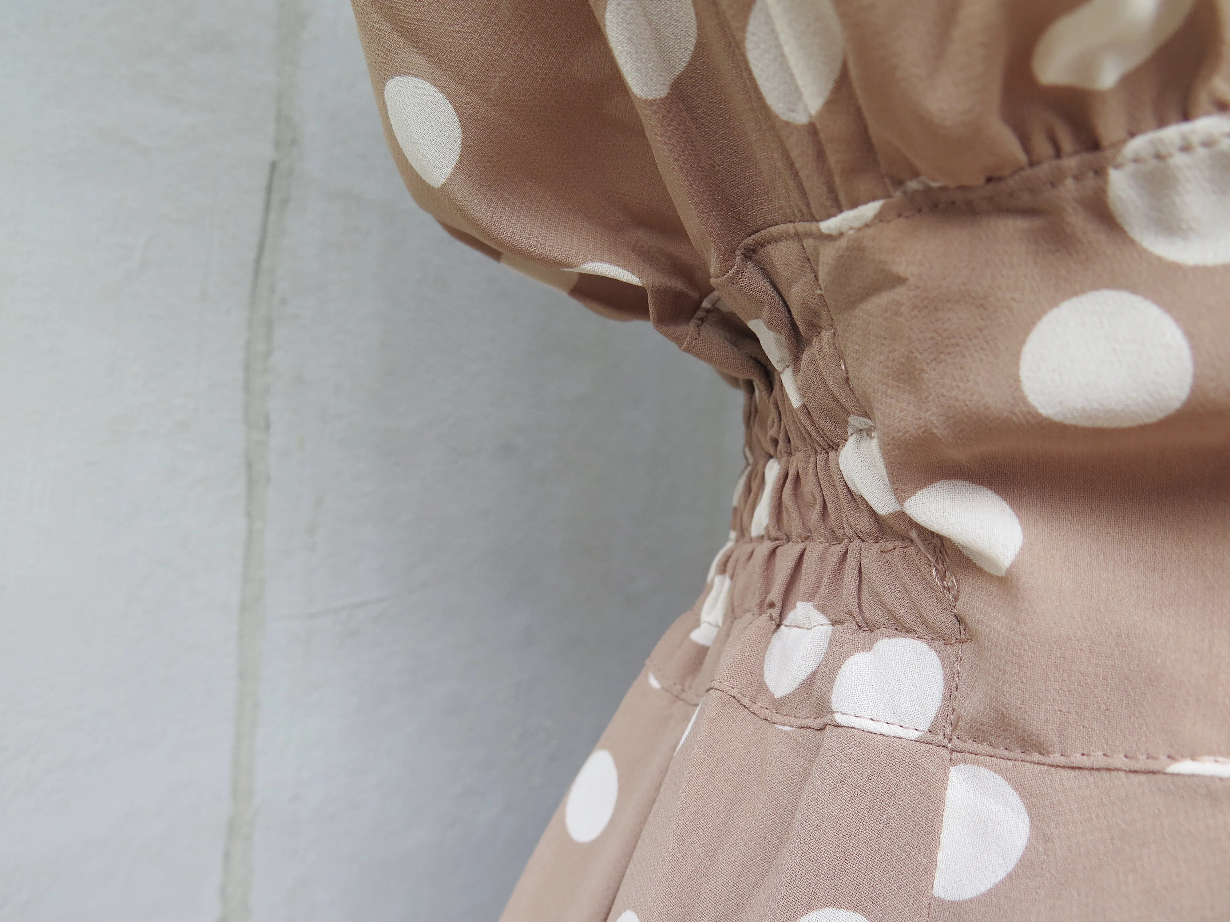 Khelli | Vintage 1980s-does-1950s light khaki brown polka dot dress luxurious touch 